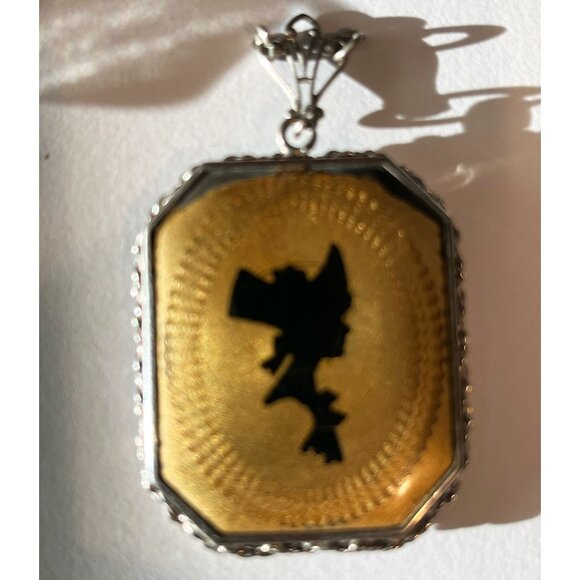 Antique Art Deco Sterling Guilloché Silhouette Locket Pendant 1920s Sterling - Picture 6 of 6